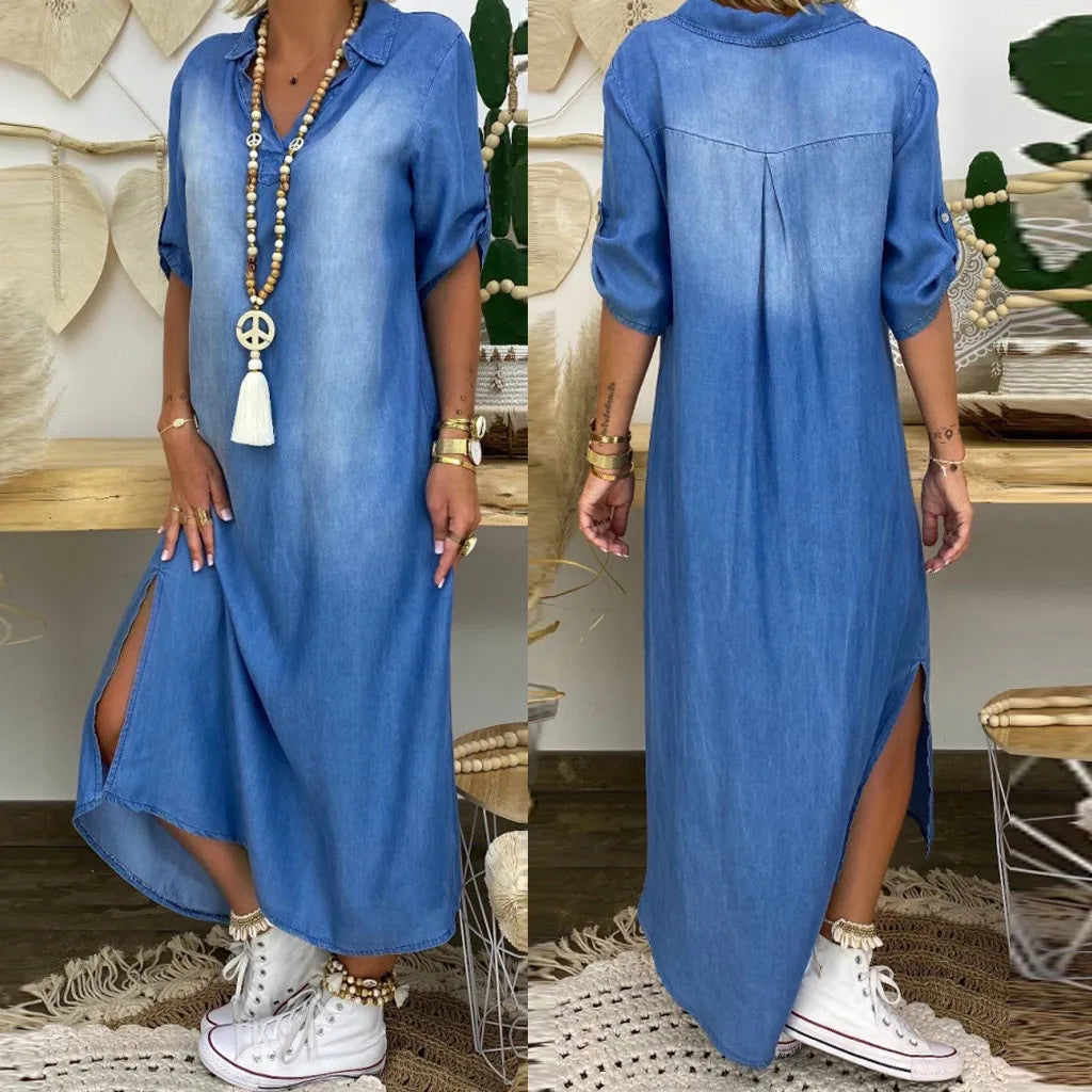 Leah™ | Long denim-look dress with side slit