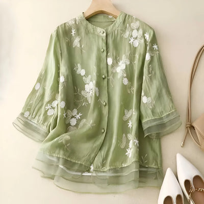 Arisa – Embroidered Sheer Button Blouse