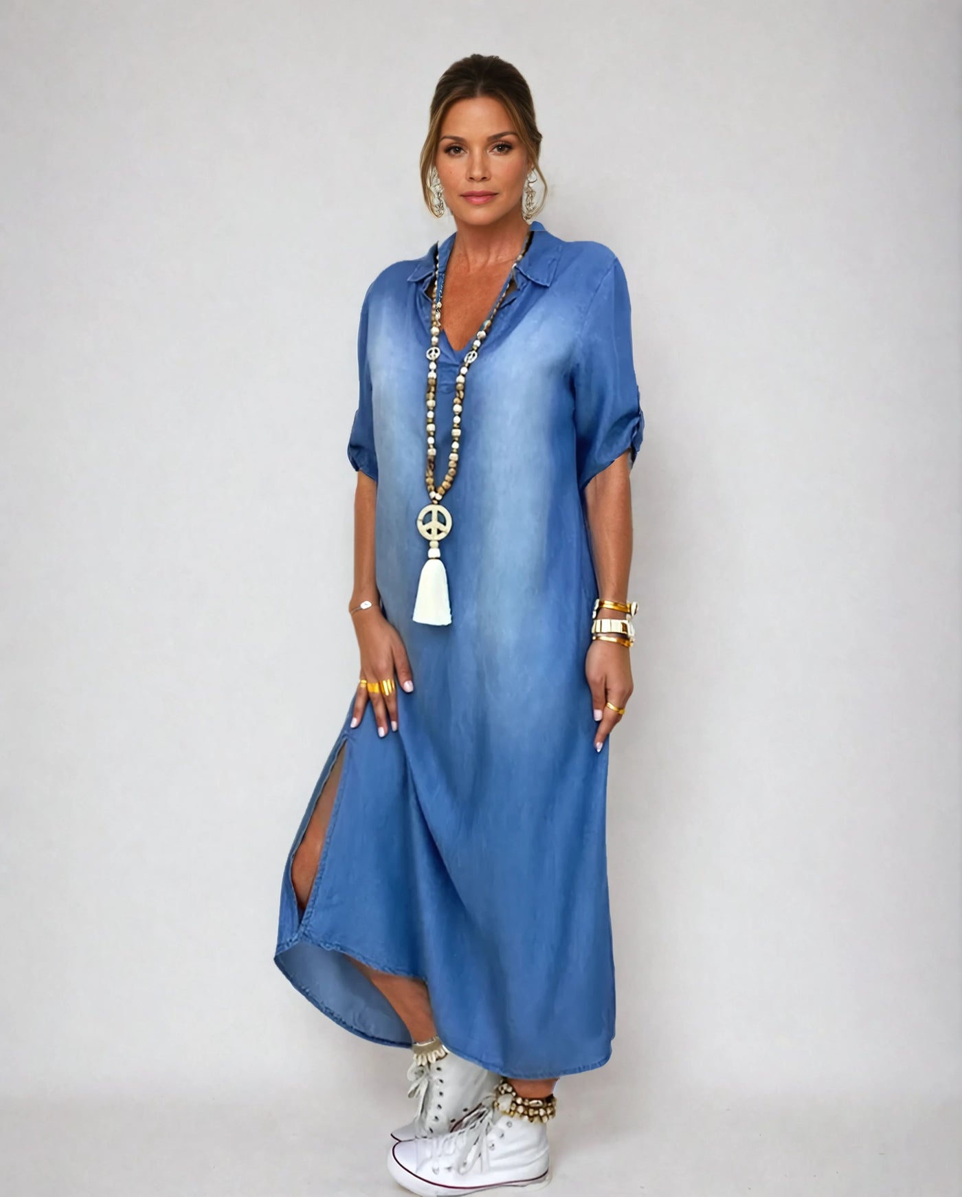 Leah™ | Long denim-look dress with side slit