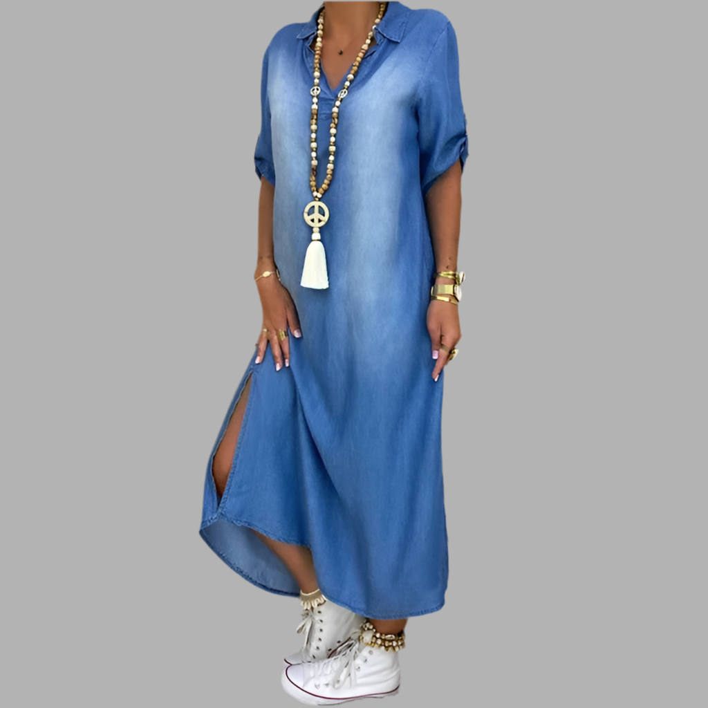 Leah™ | Long denim-look dress with side slit