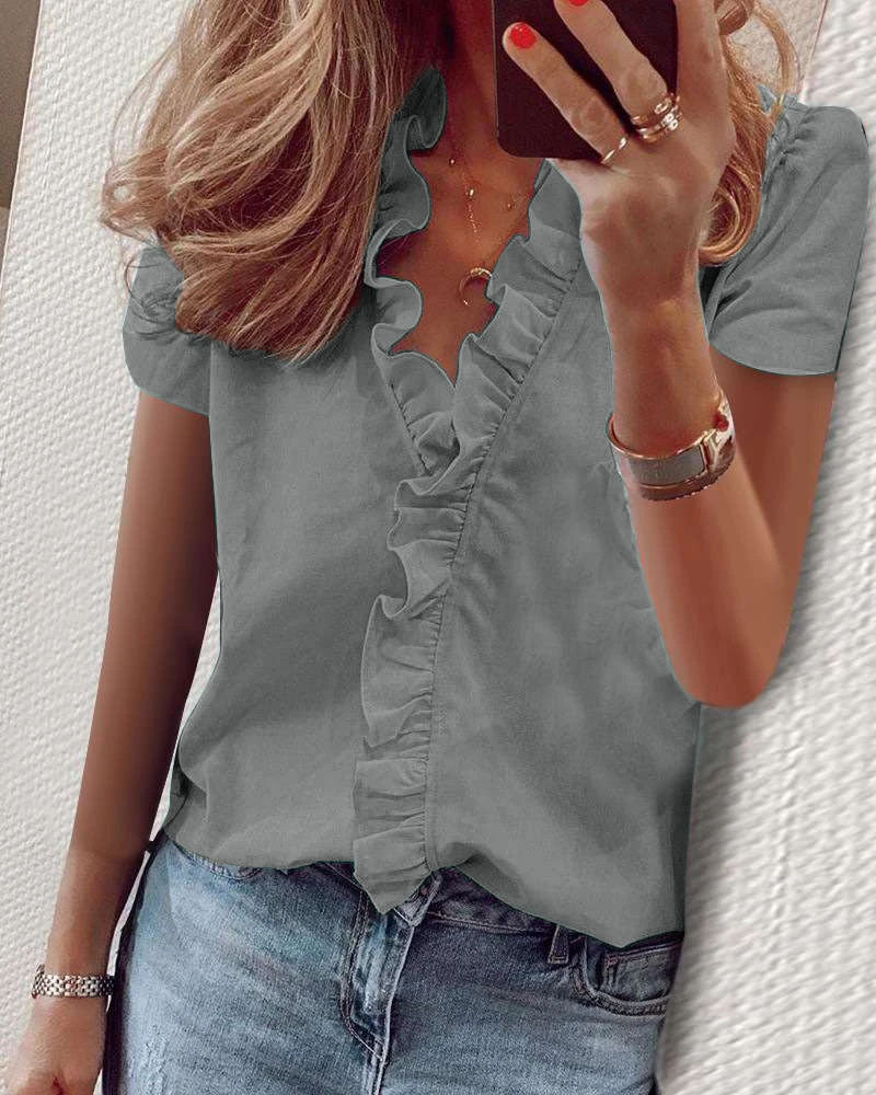 Eliza – Ruffled V-Neck Short Sleeve Blouse
