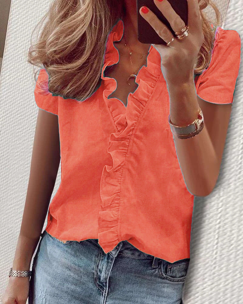 Eliza – Ruffled V-Neck Short Sleeve Blouse